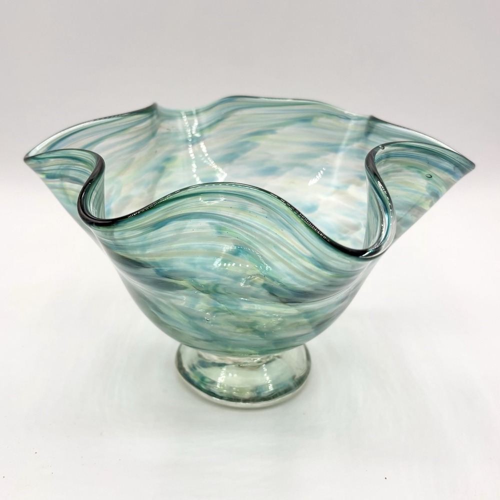 Hand Blown Art Glass Handmade Ruffled Bowl Green Blue Boise ID USA